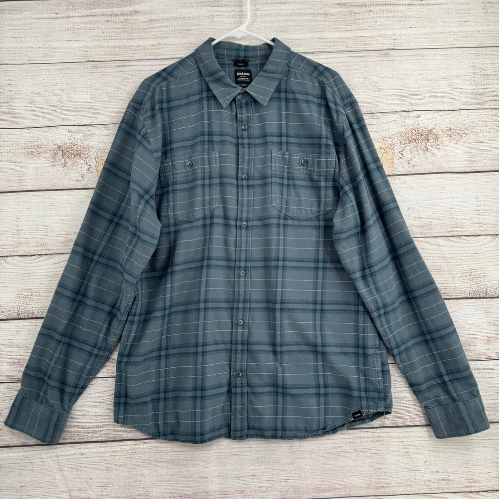Prana Button Down‎ Shirt Mens XL Blue Plaid Slim Fit 1964361 Long Sleeve